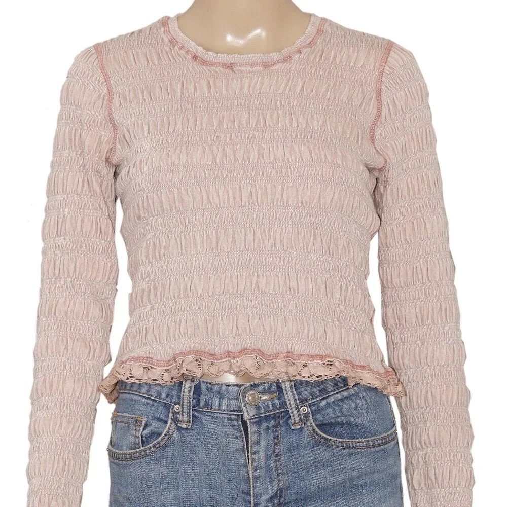 Free People Fp One Meriel Smocked Top Ruched Lace Fitted Sleeve Taupe S
